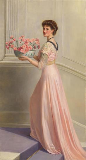 1850  1934 John Collier - Portrait of a lady in pink carrying a bowl of pink carnations.jpg